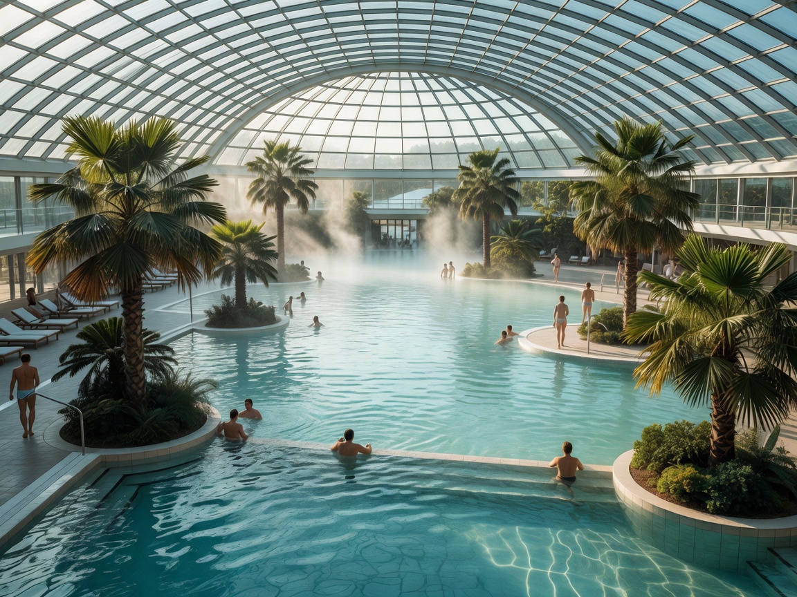 Panoramic interior view of Therme Erding thermal lagoons and palm trees under glass dome