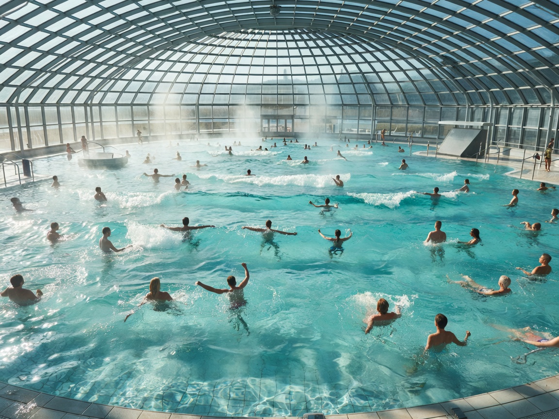 Therme Erding massive indoor thermal wave pool under retractable glass dome
