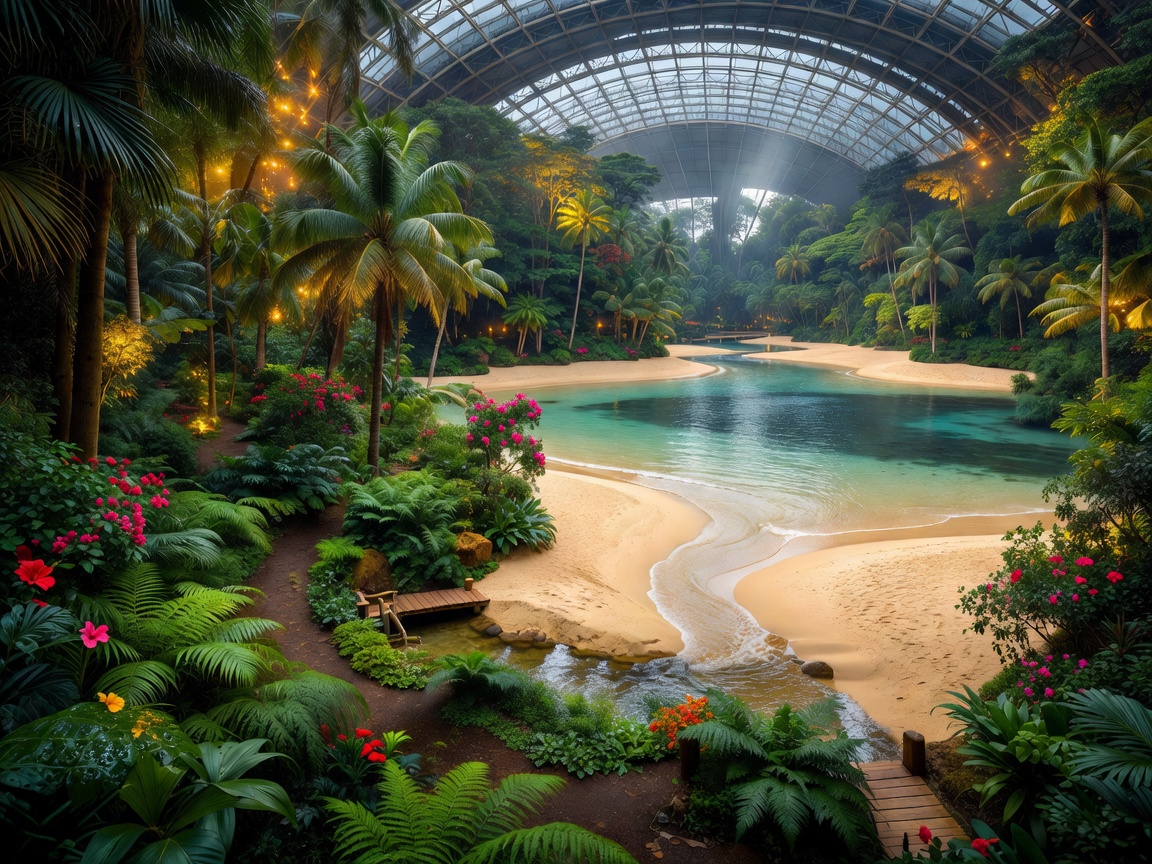 Tropical Islands Germany indoor rainforest and sandy lagoon under aircraft hangar dome